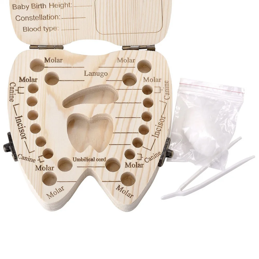 Wholesale Kids Wooden Tooth box Portuguese/English /Spanish/ French /Italian Baby First Tooth Box Child Milk Teeth Storage