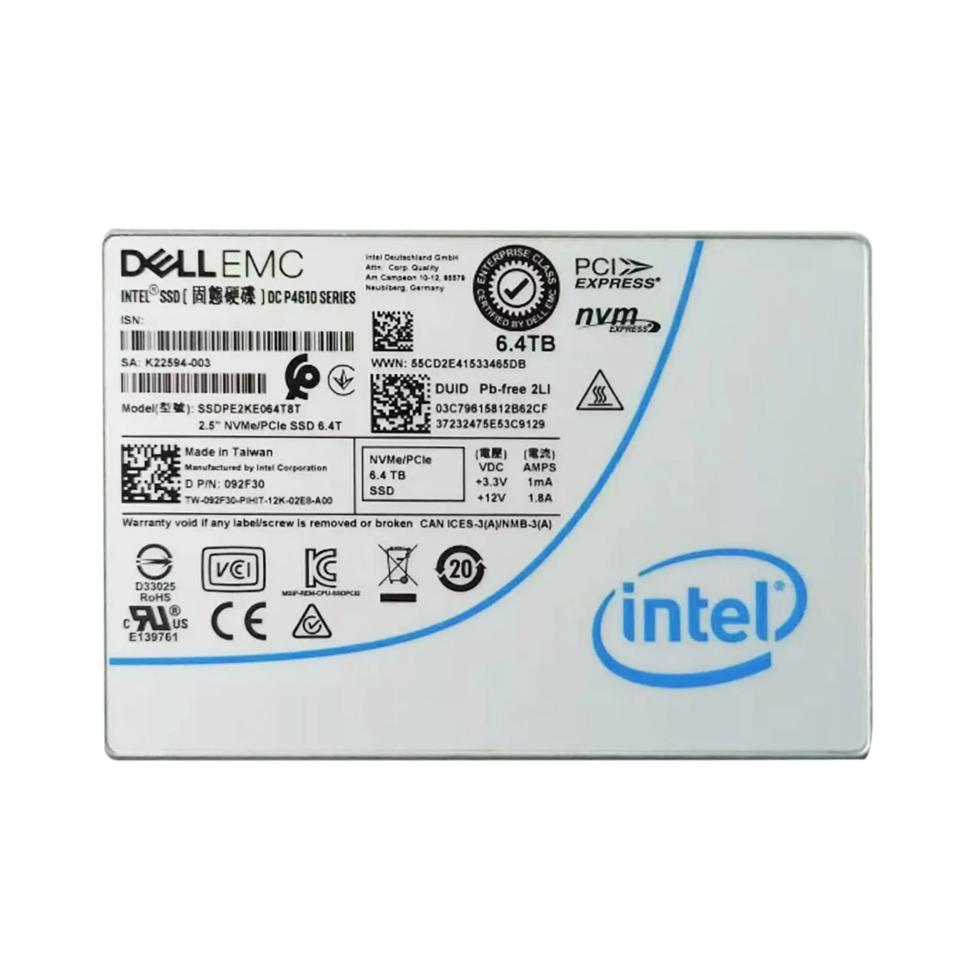 Intel del l P4510  6.4TB U.2 Port  SSDPE2KE064T8T  DP/N:092F30  Read :3200MB/S