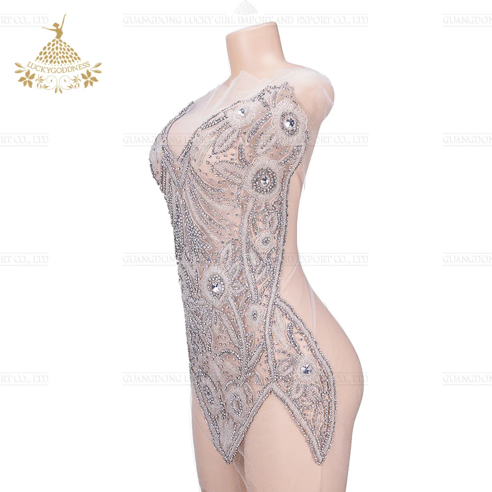 Hand Beaded Embroidered Rhinestone Big Applique Trim Great for Noble Neckline Bodice Wedding Bridal Prom Dress (Silver)