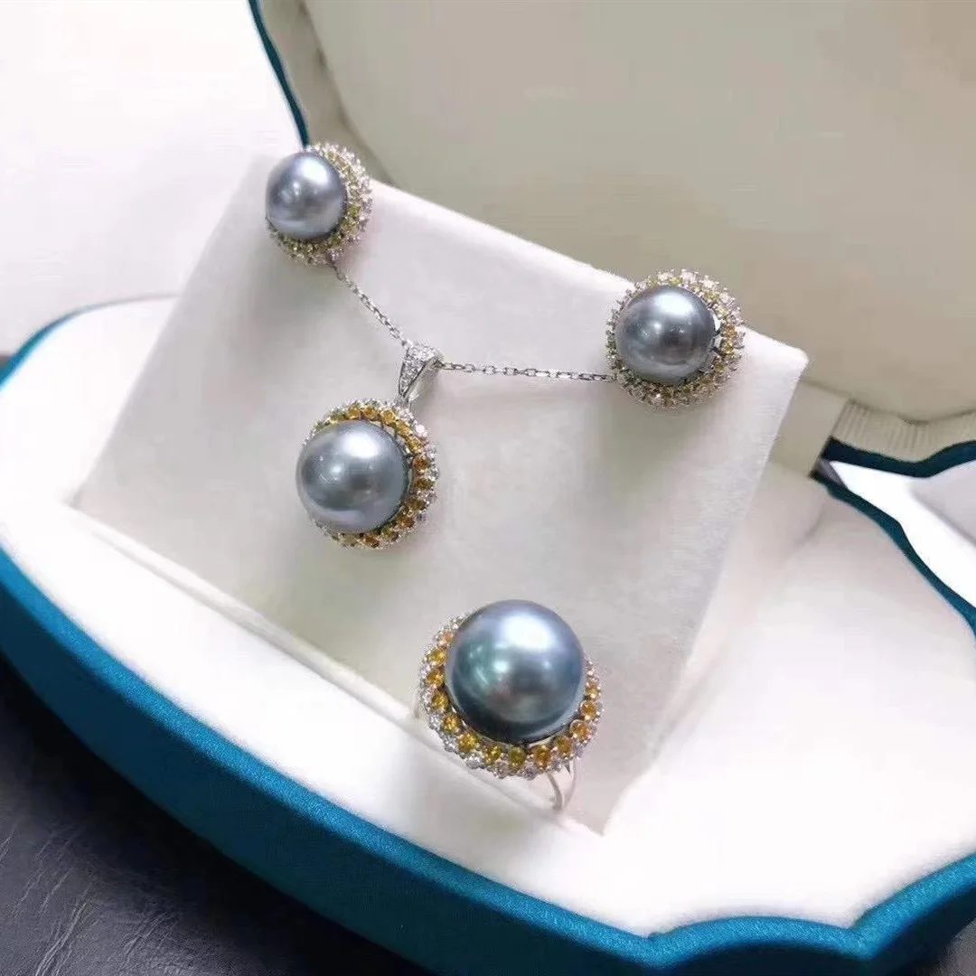 57S 10-13mm Natural Black colour Tahitian Pearl 925 Sterling Silver with gold plated Accessory set ring pendant earring