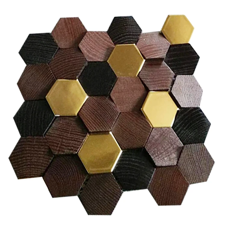 Hexagonal spliced colorful electroplated ceramic 3d wall panel interior solid oak wall panel