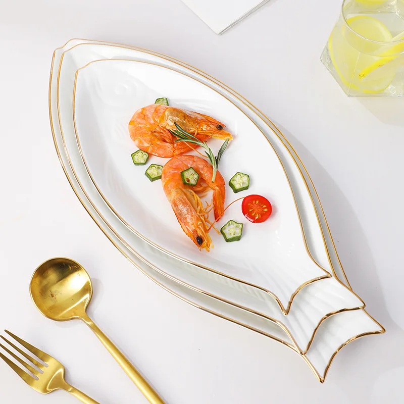Luxury Kitchen Dinner Hotel color gold rim shape serving ceramic fish plates