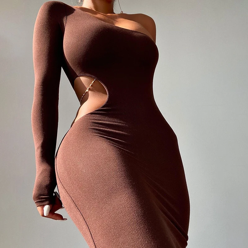Cheap Dresses Ladies Hollow-out Skinny Slim Outfits One Shoulder Dresses Ladies Long Sleeve Party Club Casual Elegant Maxi Dress