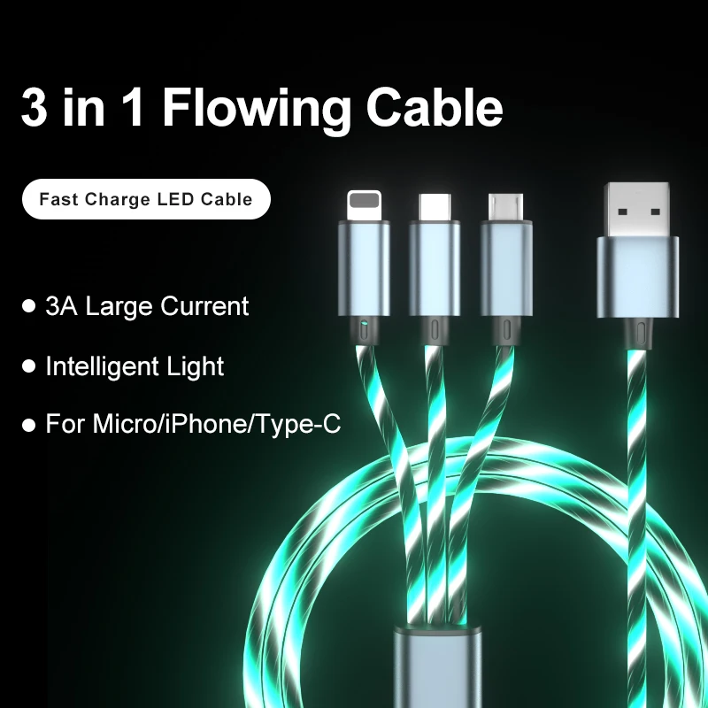 led flowing light Fast Charging 3 in 1 Micro Type c 3A Quick Charger Led Charging USB Cable