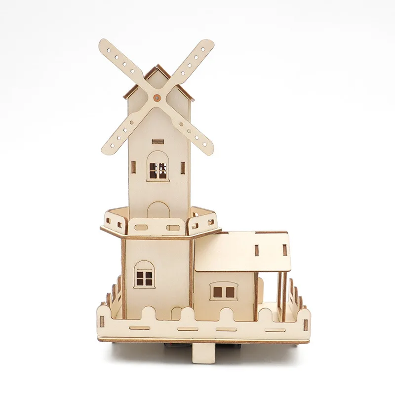 High Quality Glowing Dutch Windmill House 3D Wooden Puzzle Set Diy Wood Science Toys for Children Game.