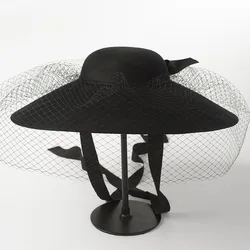 black Womens Wool Felt Floral Veil Netting Feather Wide Brim Derby Hat