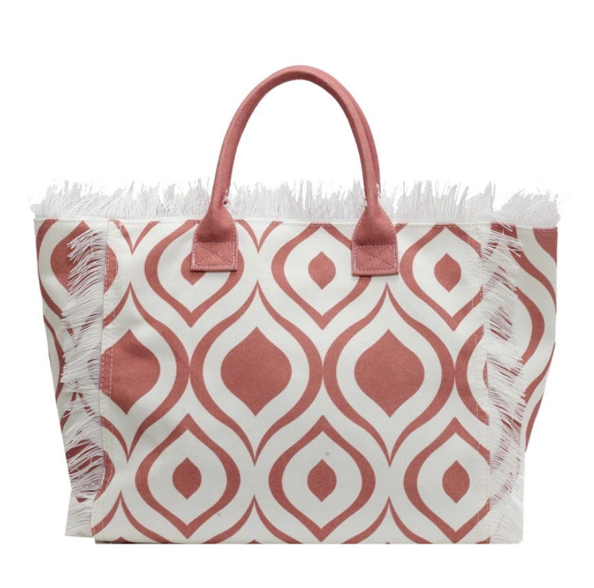 2025 Wholesale Large Capacity Canvas Tassel Tote Bags Travel Printed Beach Bag Women Letter Handbags with Top Handle Fringe