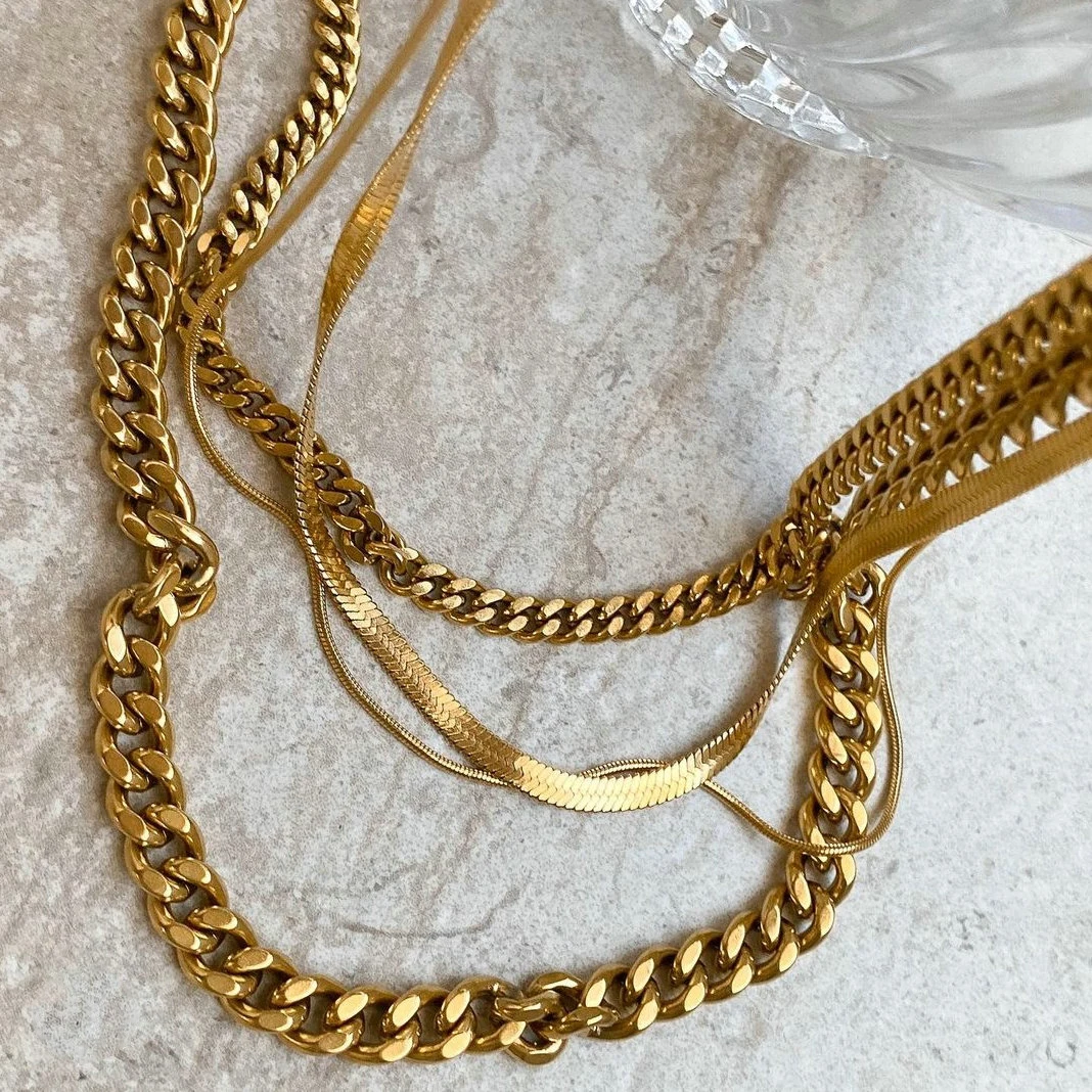 18K Gold Stainless Steel Miami Cuban Link Chain Necklace Couple Layered Necklace Flat Snake Paper Clip Hips Hops Necklaces Women