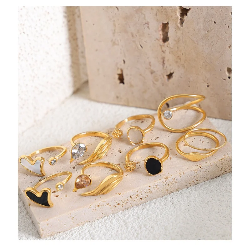 Wholesale Custom Fine Fashion Jewelry 18K Gold Plated Stainless Steel Acrylic Ring Crystal Zircon Shell Heart Ring For Women