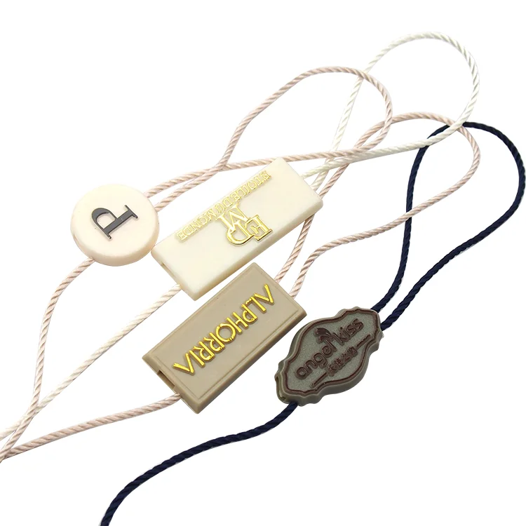 ST08 Clothing Metal Snap Lock Seal Tags Supplier Custom Debossed Brand Name Logo Rectangle Hang Tag Ribbon Strings for Garment