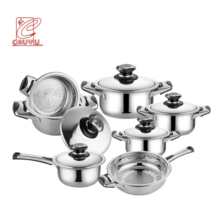 China Factory Cooware sets 12pcs Stainless Steel Cooking Pot Frying Pan and Milk Pot