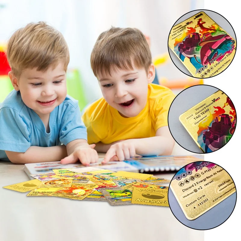 Poke mon Iron Shiny Cards English Charizard Mewtwo Pikachu Metal Cards Vmax Metal Gold Pack Game Collection Cards Gift Kids