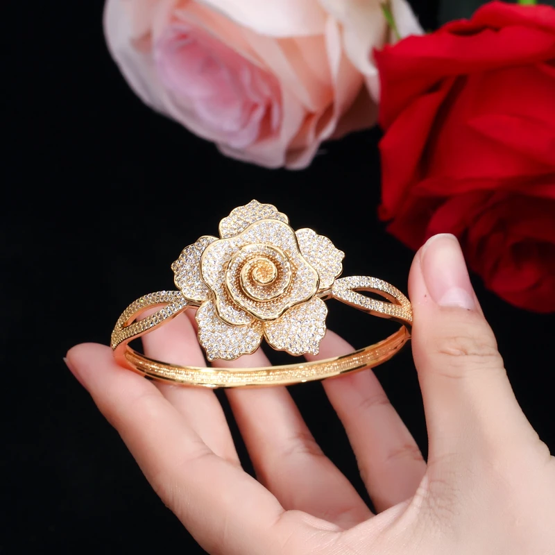 Cuff Style Full Pave Cubic Zircon Crystal Yellow Gold Color Big Geometric Rose Flower Bracelet Bangles Luxury Jewelry for Women