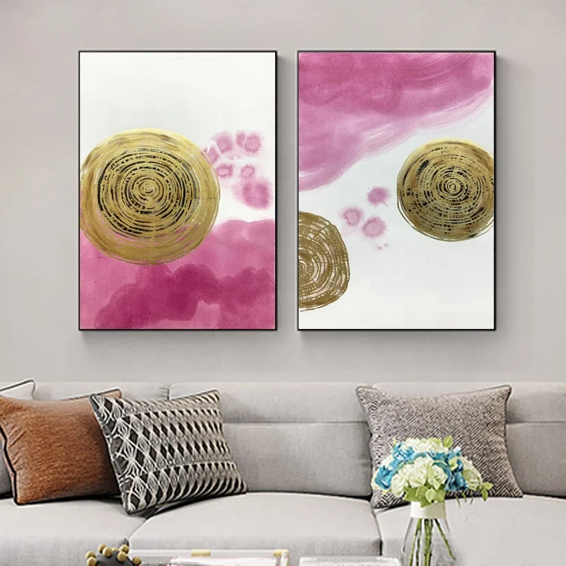 Abstract Oil Painting Canvas Wal Custom Handmade Wood Frame Abstract Wall Art Pink and Gold Foil Pictures Hand Painted Oil Painting Living Room Canvas