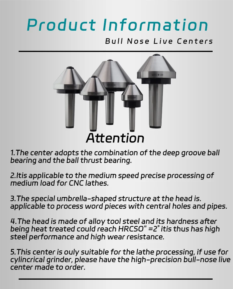MT5*120 MT5*200 MT5*250 pipes live centers with 75 Degree cnc live centersHot Sales bull nose live center