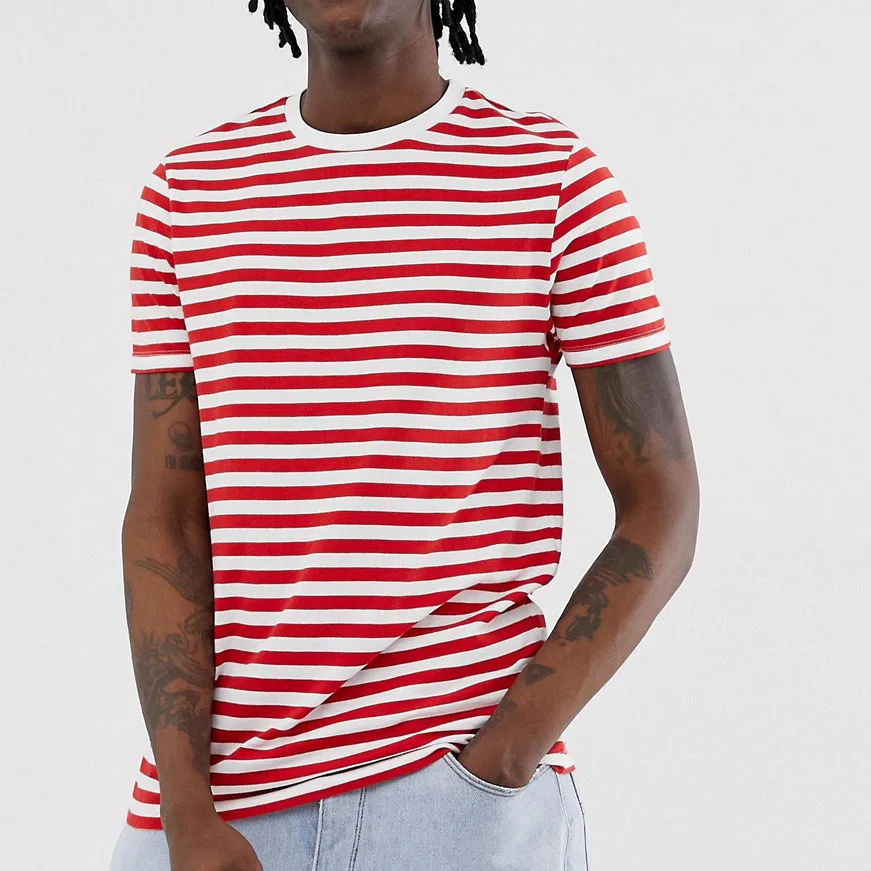 High quality 100% cotton regular fit crew neck short sleeve striped t shirt for men
