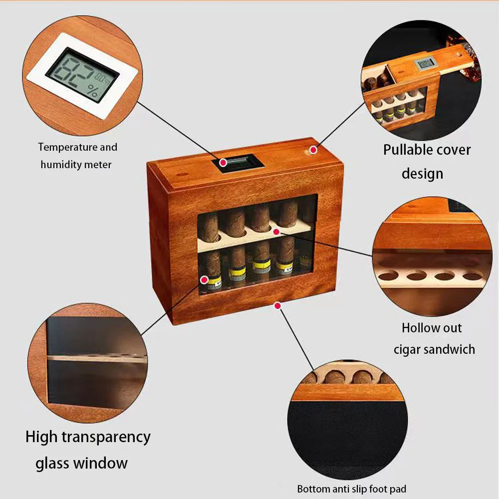 New Arivial Manufacturer Wood Cigar Boxes Humidor with Temperiture  Customized LOGO Hold 12 Cigars