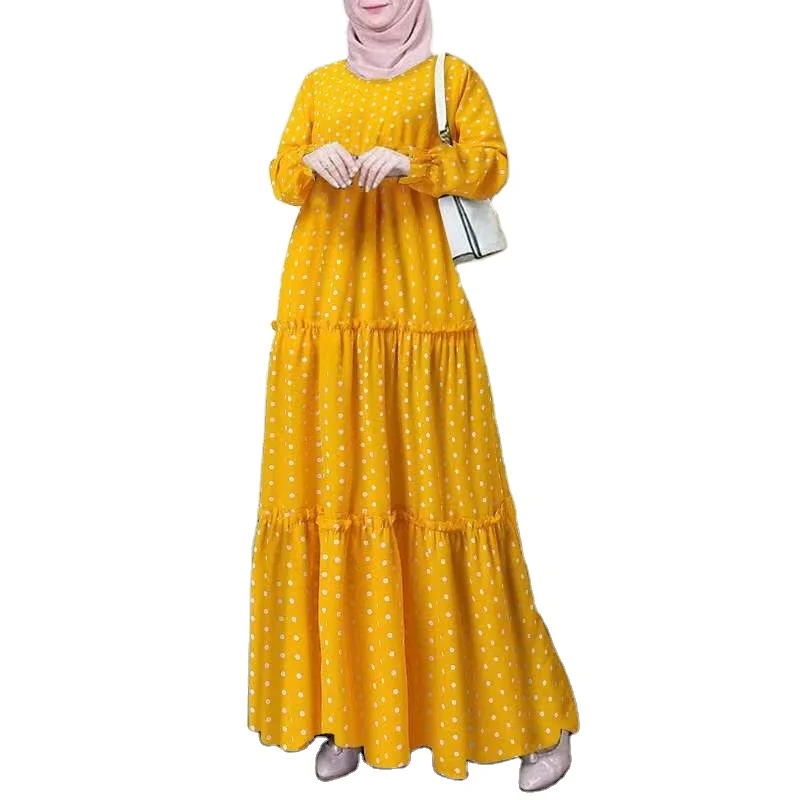 Malaysia Dubai Ramadan Party Ruffle Polka Dot Print Muslim Maxi Dress Casual Robe Islamic clothing dresses