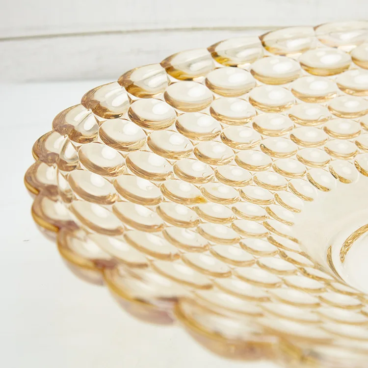 Wholesale 29cm Glass Fruit Tray Beaded Electroplated Golden Amber Luxury Round Wedding Candy Platter Pastry Plate Dim Sum Dish