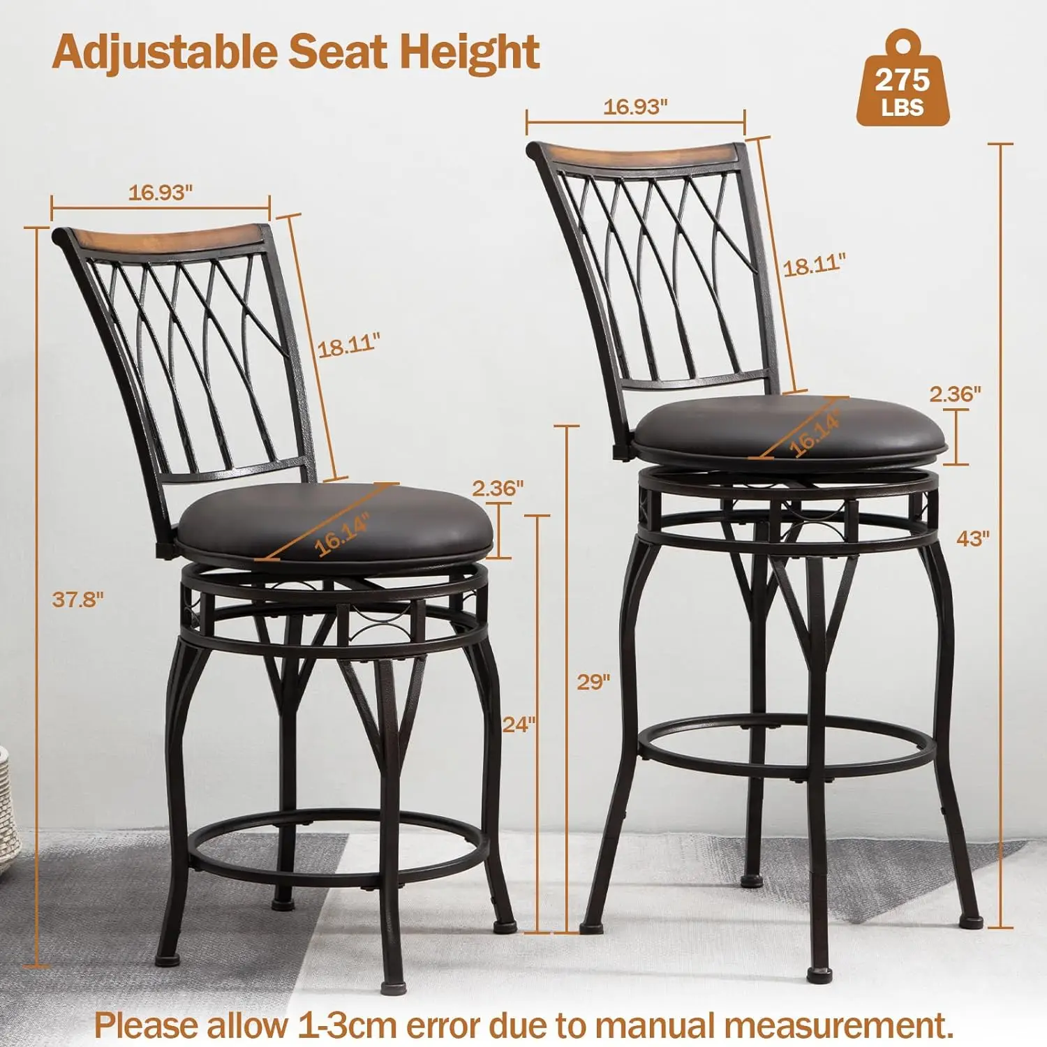 Metal Black PU Leather Adjustable swivel Bar Stool for Kitchen Island Home Pub