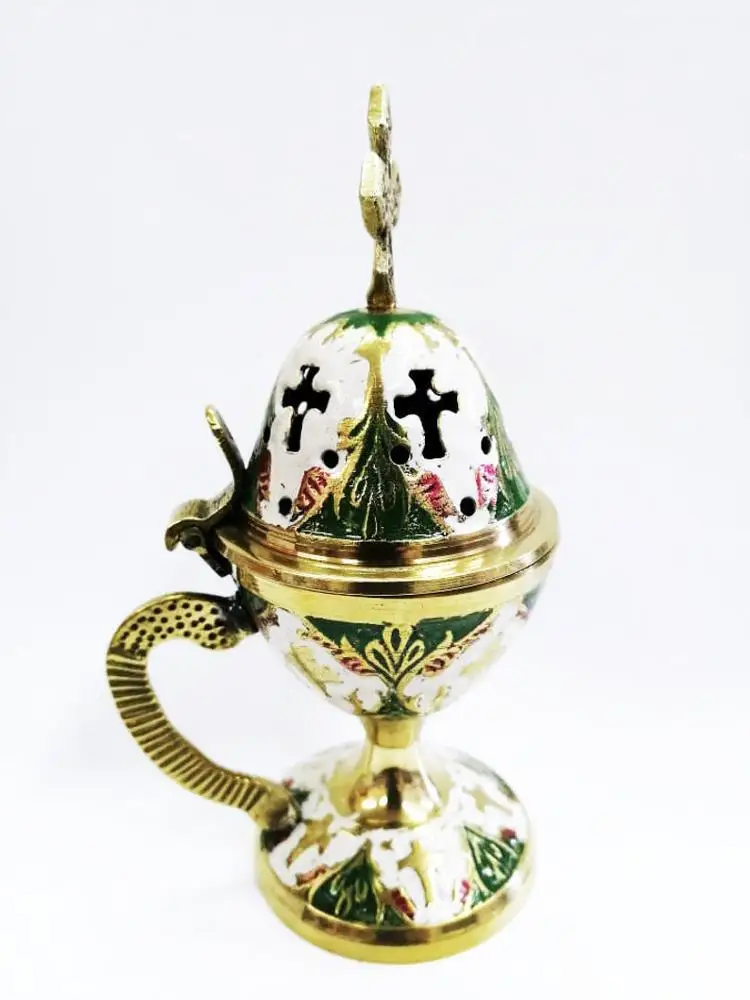 Gold White Green Handpaint Incense Burner - Perfume Burner Gold - Burner Censer - Censer Bronze