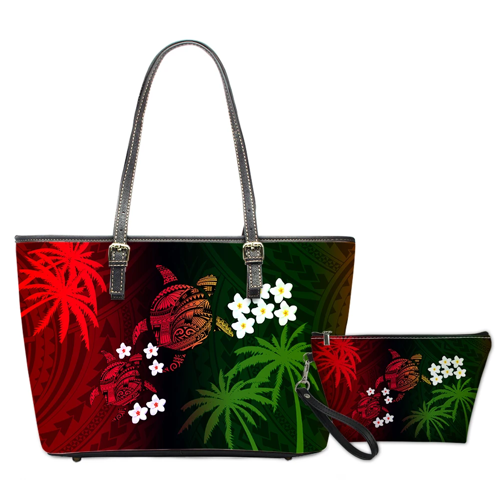 
Hawaiian 2Pcs Gradients Red/Green Flower Printed Bags Women Leather Large Tote and Cosmetic Bag Coconut Tree Bags For Ladies 