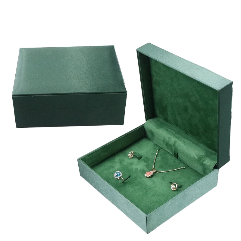 high quality  green velvet  cover plastic frame ring earring necklace bangle bracelet half set jewelry packaging box custom LOGO