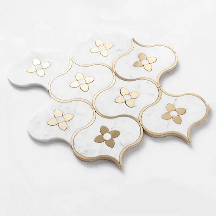 Bathroom Luxury Tiles Waterjet Marble Mosaic Stainless Gold Mosaic Flooring Tile