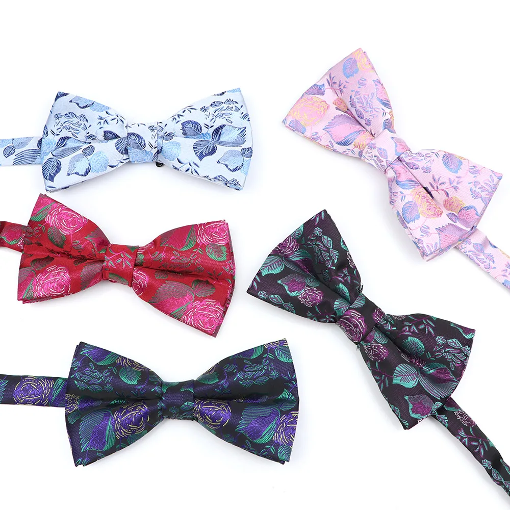 New Blue Pink Red Floral Jacquard Polyester Bowtie Mens Suit Tuxedo Wedding Dress Party Dinner Banquet Casual Butterfly Gift
