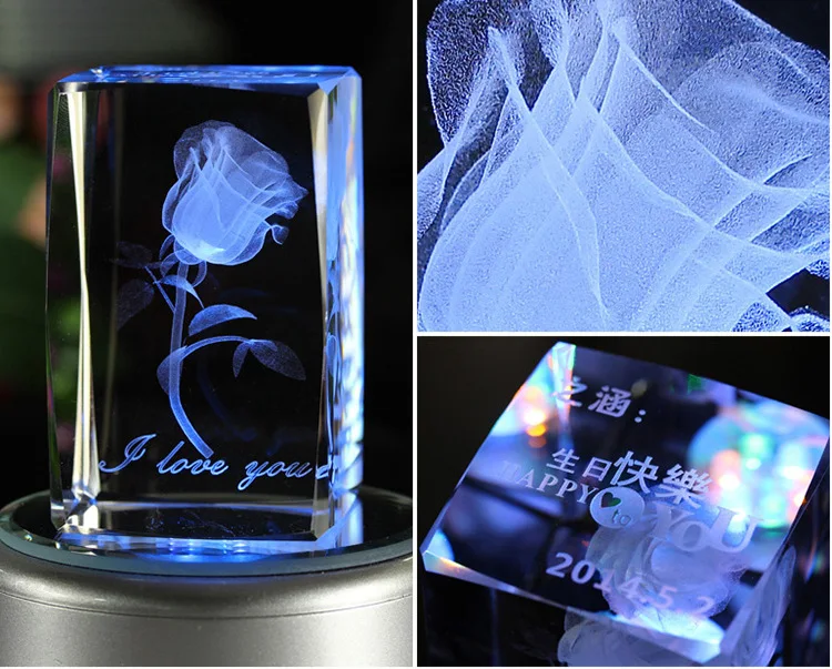 Honor of crystal Custom Design Birthday Souvenir Gift Rotating Light Base Led Crystal Cube 3d Laser Engraved Crystal Glass Cube