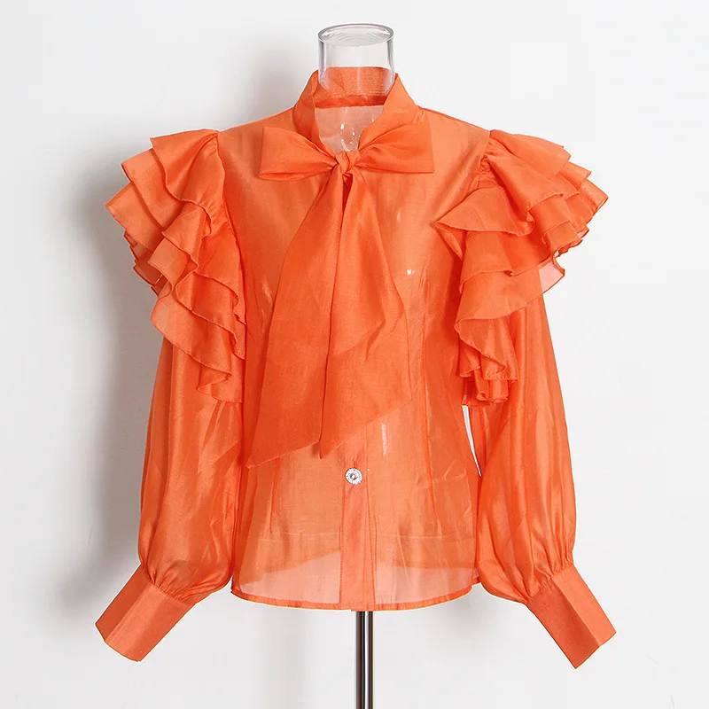 new arrival ladies blouse sashes collar falbala organza blouse for women
