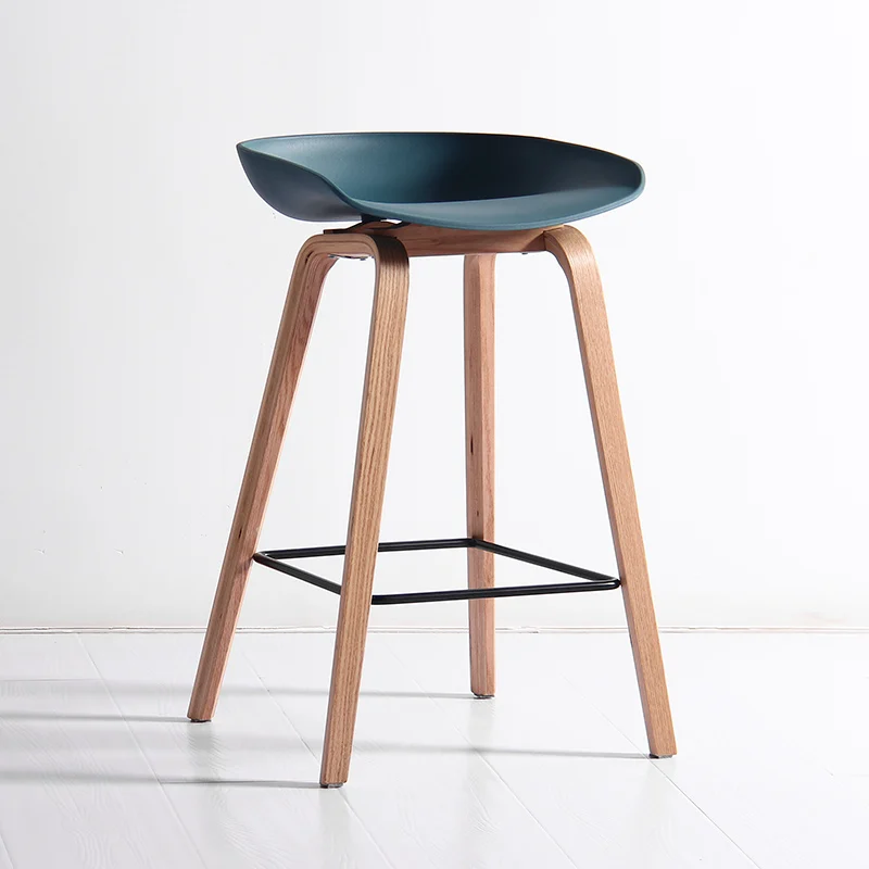Wholesale High Quality Commercial Furniture Modern Blue Height High Counter Stool with Natural Wood Legs