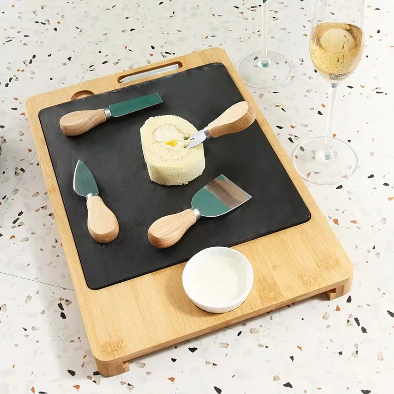 Bamboo Cheese Board Set Wooden cheese board with chalk cutter 4-piece cheese tray set