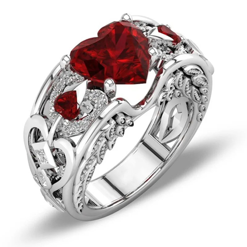 MuXi Fashion creative ring European and American princess heart-shaped ruby ring jewelry ladies ring