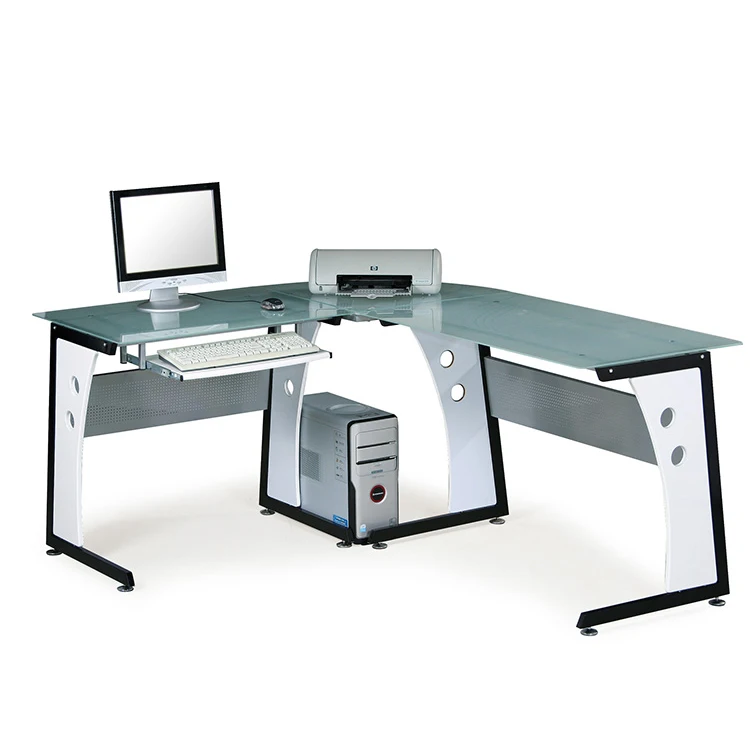 JUSTHOME transparent glass metal modern corner computer table desk with l shape