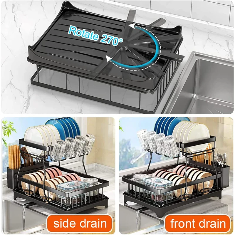 2 Tier Dish Drying Rack Cutlery Drainer Dish Storage Holder Detachable Multifunction Countertop Kitchen Dish Rack Drainer