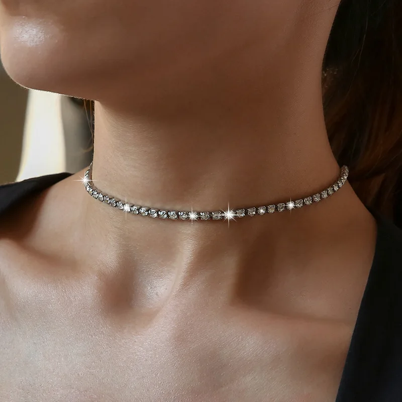 Collar De Mujer 14K Gold Plated Silver Sparking Rhinestone Choker 3mm Classic Zircon Tennis Necklaces Bridal Wedding Jewelry