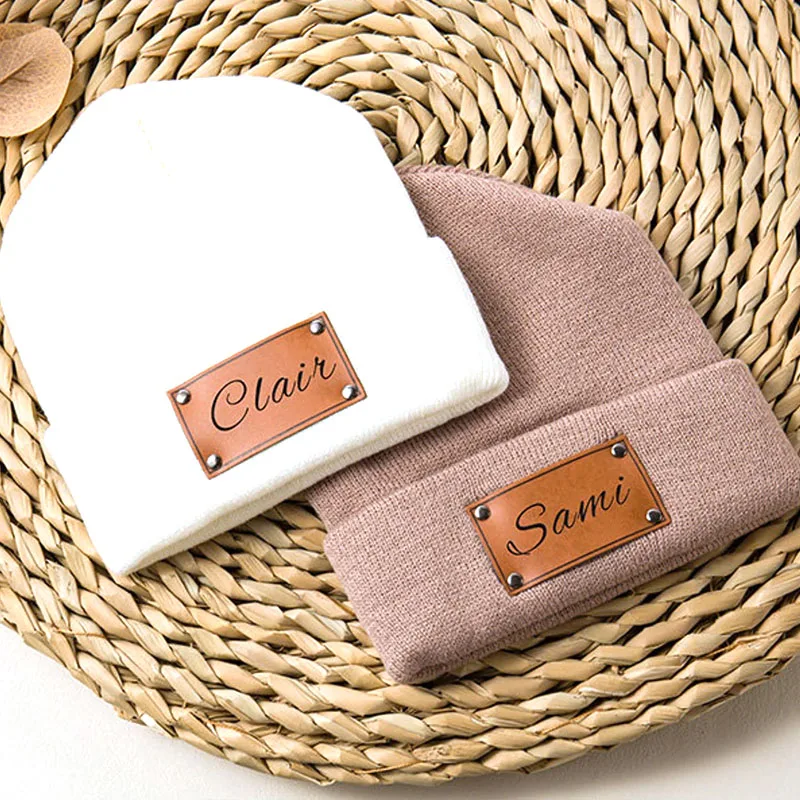 winter hats Custom Personalized company Name Customized Beanies cap with Leather Patch