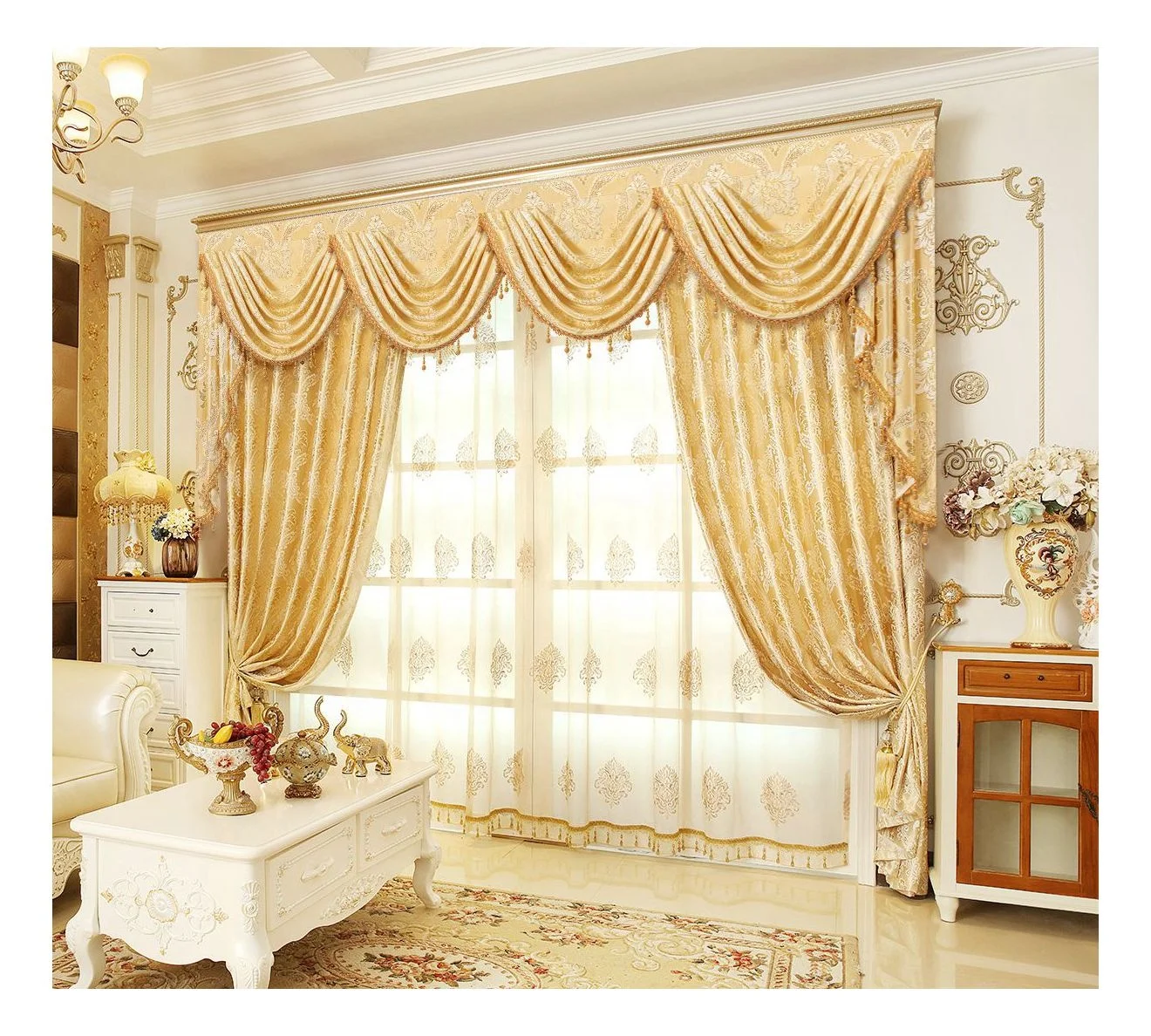 Modern Window Curtain Cloth Fabric Luxury Curtains for the Living Room with Valance Jacquard Valance Curtains Cortinas