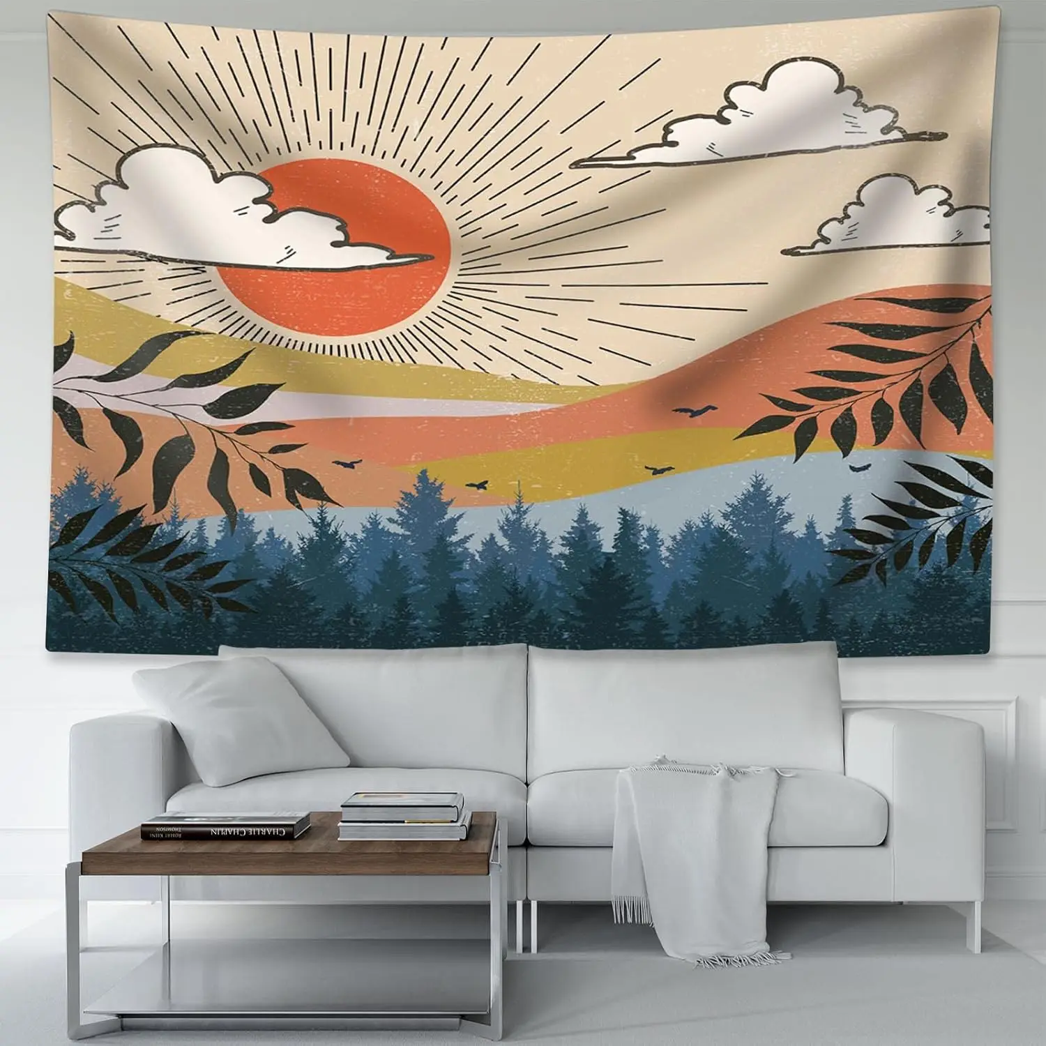 Custom Mountain Sunset Bohemian Sunset Mountain Forest Sun Cloud BOHO Vintage Aesthetic Tapestries Wall Hanging For Room