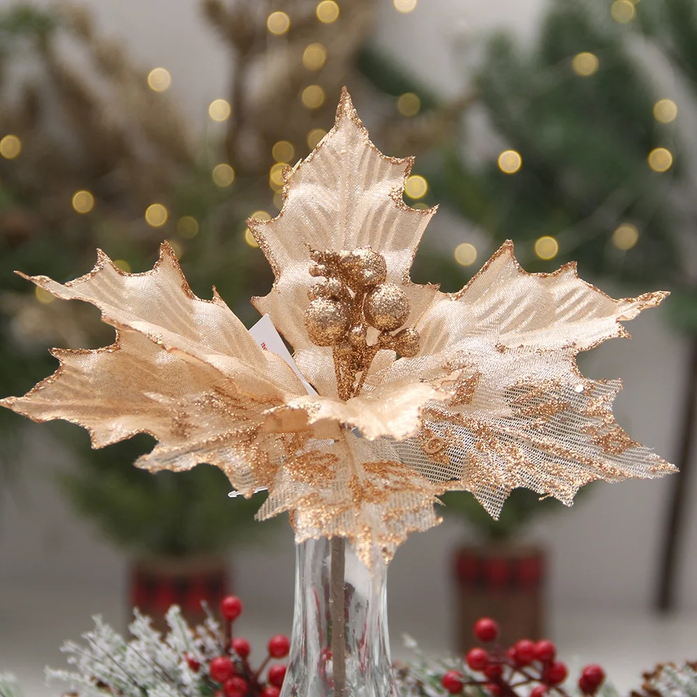Navidad Velvet Poinsettia Flower Artificial Decoration Ornaments Arrangement Christmas Flowers