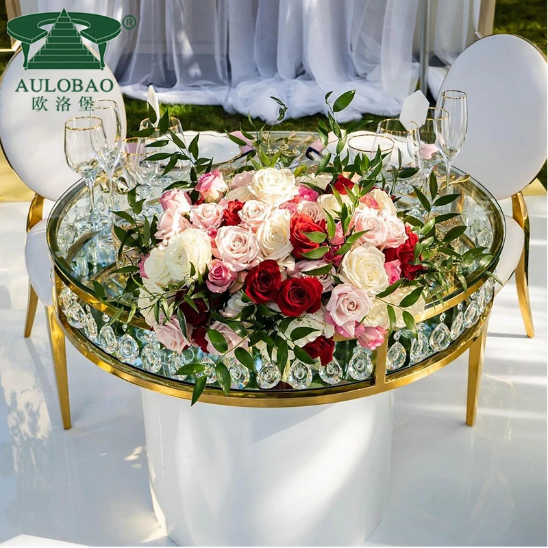 Роскошный золотой кристалл из нержавеющей стали боковой круглый зеркальный свадебный торт стол
