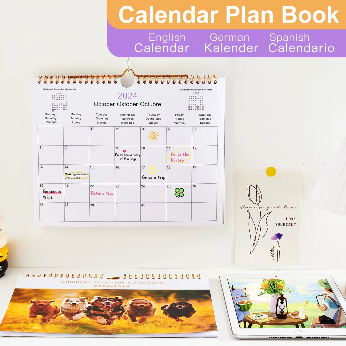 Custom 2024-2025 Schedule planner English German Spanish Wall calendar Monthly plan coil calendar Business supplies