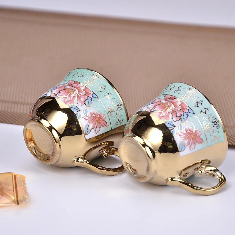 Custom Gift Box European Vintage Luxury Floral Porcelain Ceramic Coffee Tea Cup Set with Saucers Gold Spoon