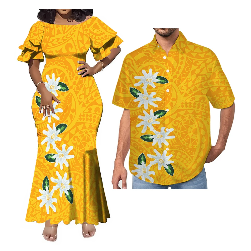 Wholesale Best Seller Polynesian Elei Tribal Design Custom Couple Clothes Mens Shirts Woman Double Cuff Fishtail Dress