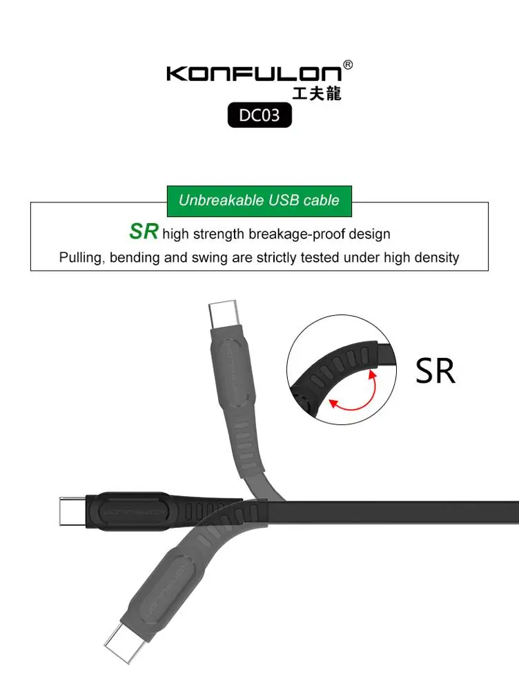 
Konfulon Ultra Strong fast usb c charging data cable for mobile phones 
