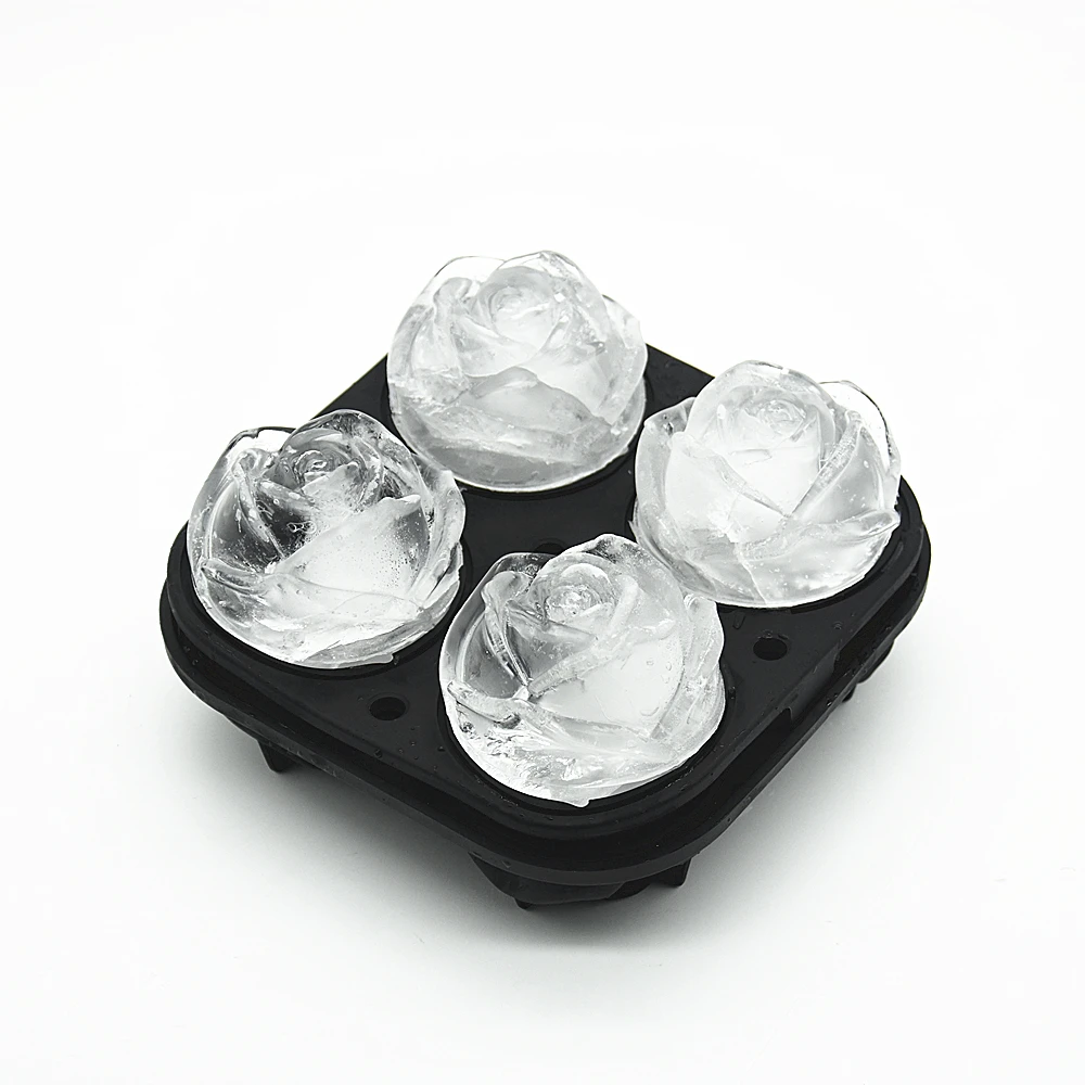 Flexible Silicone 4 Cavity 3D Rose Ice Cube Tray BPA Free Dishwasher Safe Easy Release Rose Ice Mold with Funnels on Top