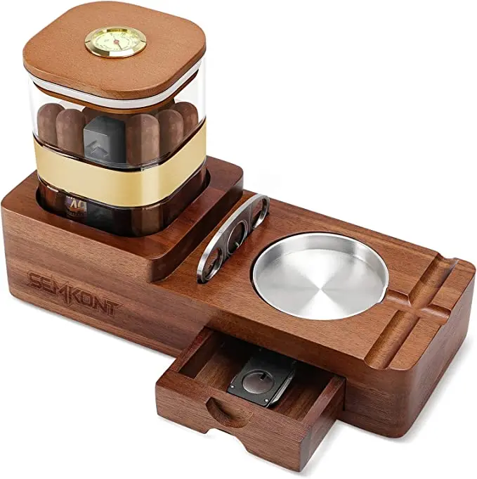 SEMKONT Cigar Display Humidor and Detachable Wooden Cigar Ashtray Set with Sealed Cigar Jar Tray for Home and Office