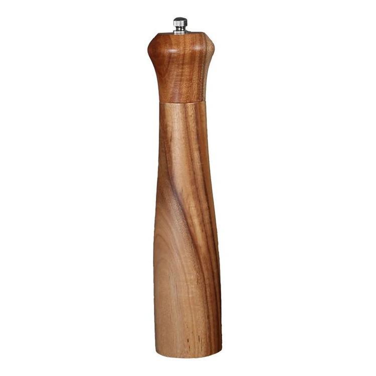 Pepper grinder made of acacia wood and constructed with ceramic core and stainless steel hardware, which makes it use easily