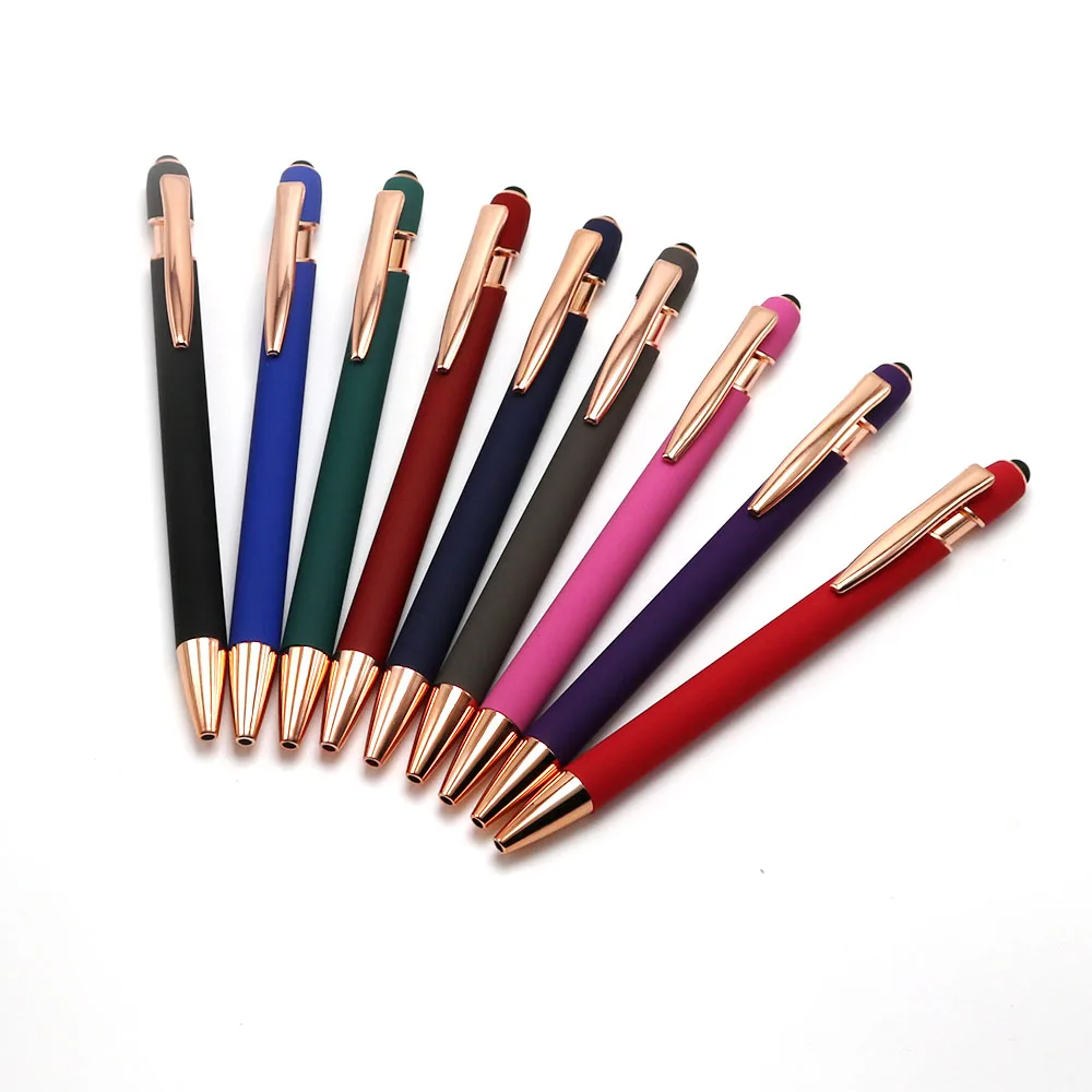 soft finished 2 in 1 promotional pen custom logo ballpoint pen stylus rose gold metal pens with custom logo